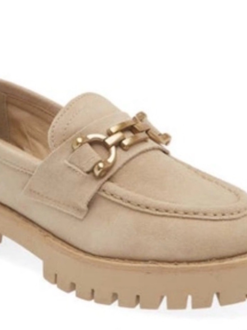 Steve Madden Neutral Beige Suede Lug Sole Loafer with Gold Hardware